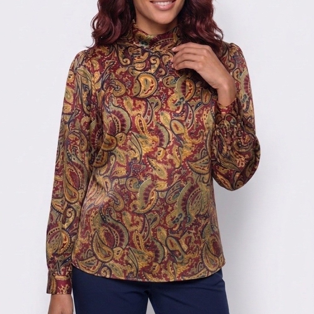 Westbound Blouse Mock Neck 8 Burgundy Paisley Satin Long Sleeve Women VTG 90s